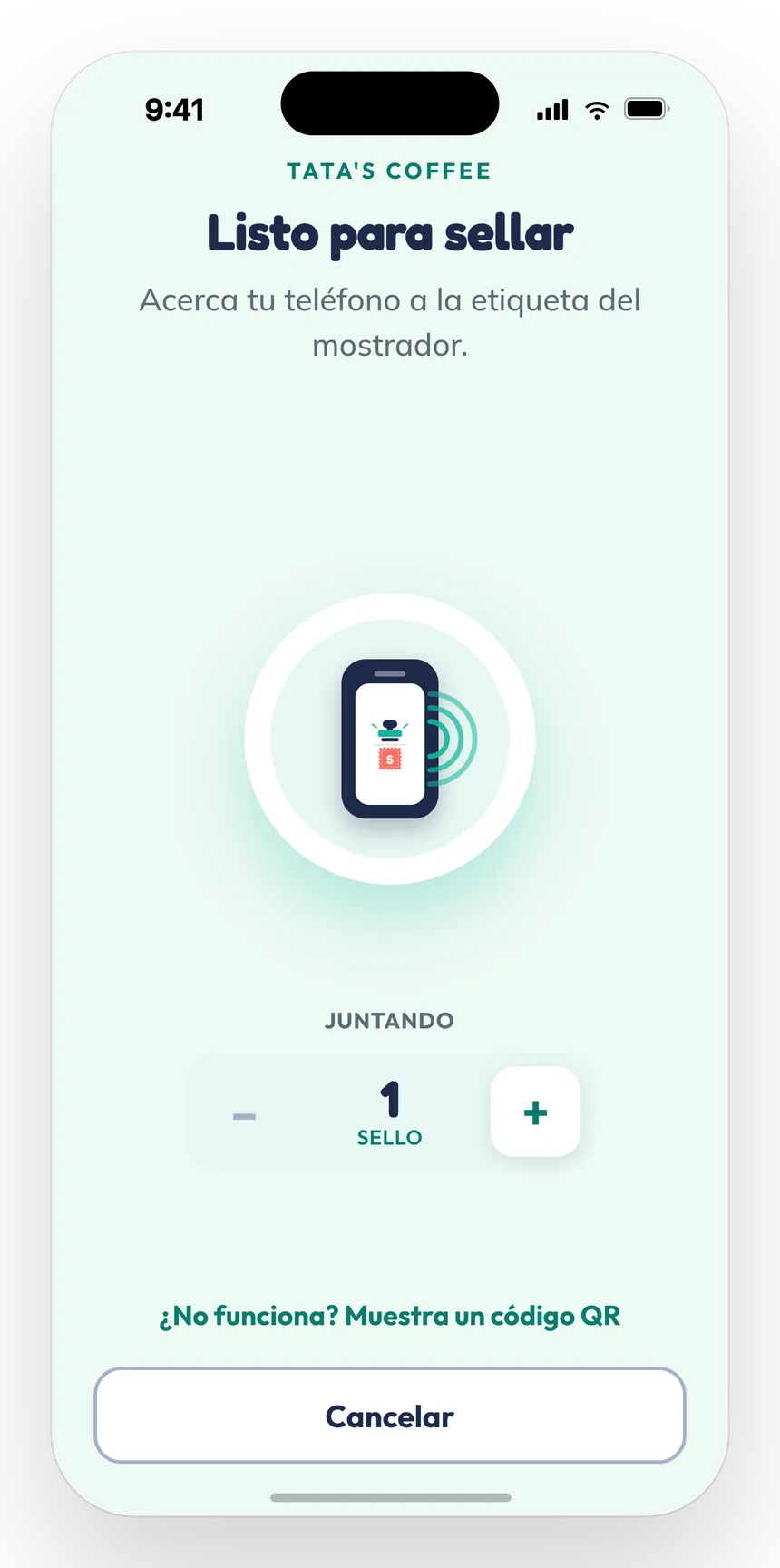 Pantalla de la app lista para recibir un sello por NFC