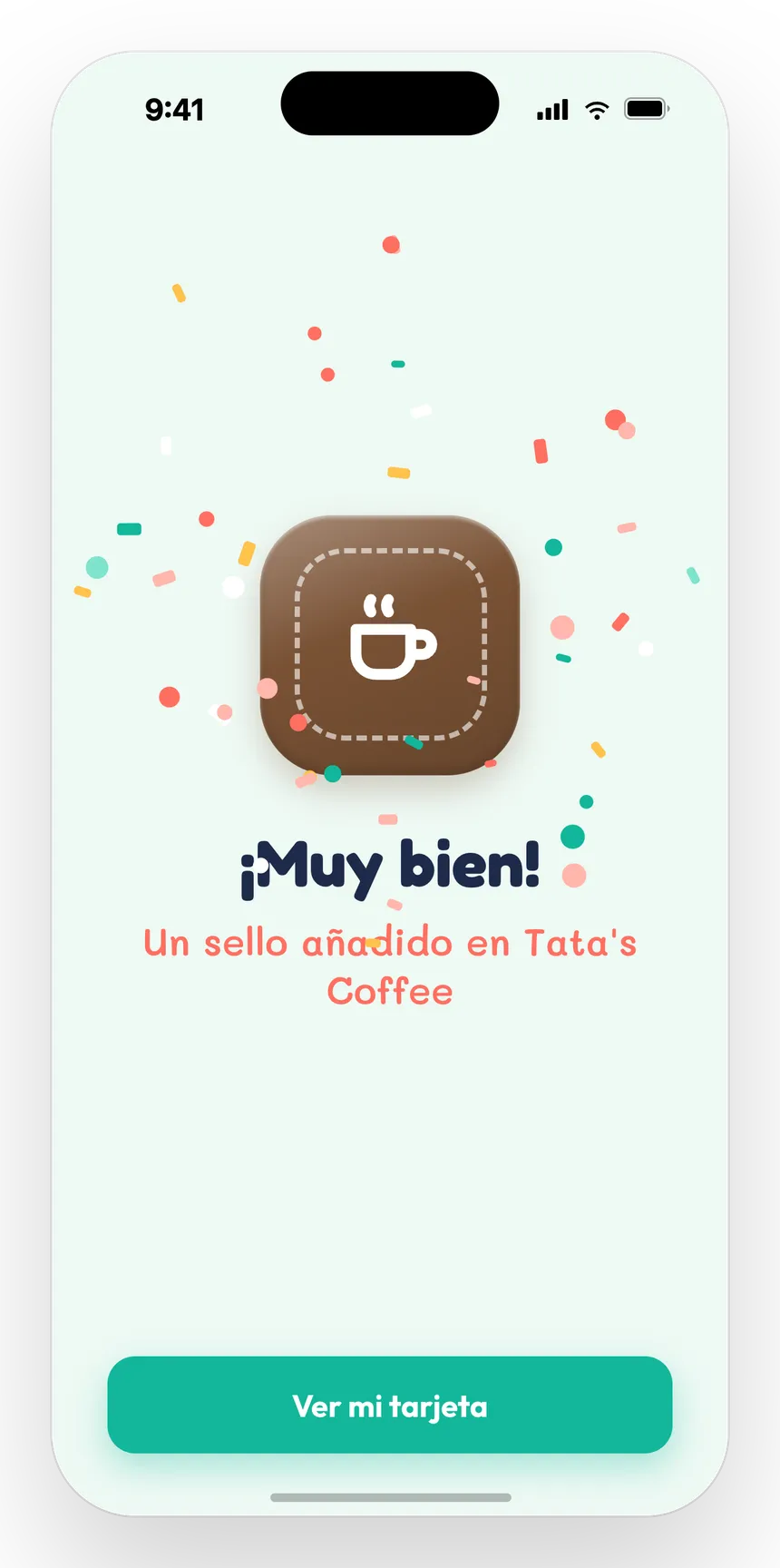 Pantalla de celebración: un sello agregado en la app Stampi
