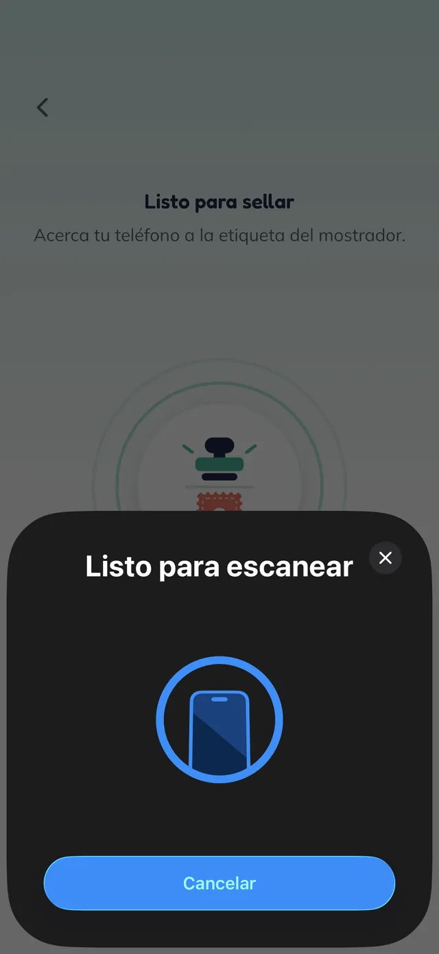 Pantalla lista para sellar: acerca el teléfono al sello