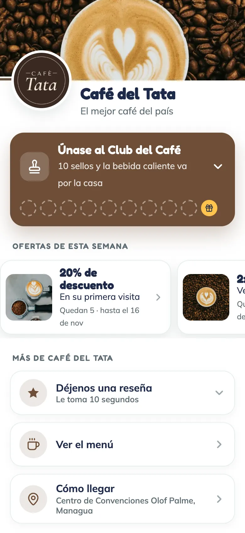 La página de Café del Tata en Stampi, con su tarjeta de sellos, sus ofertas y su ubicación