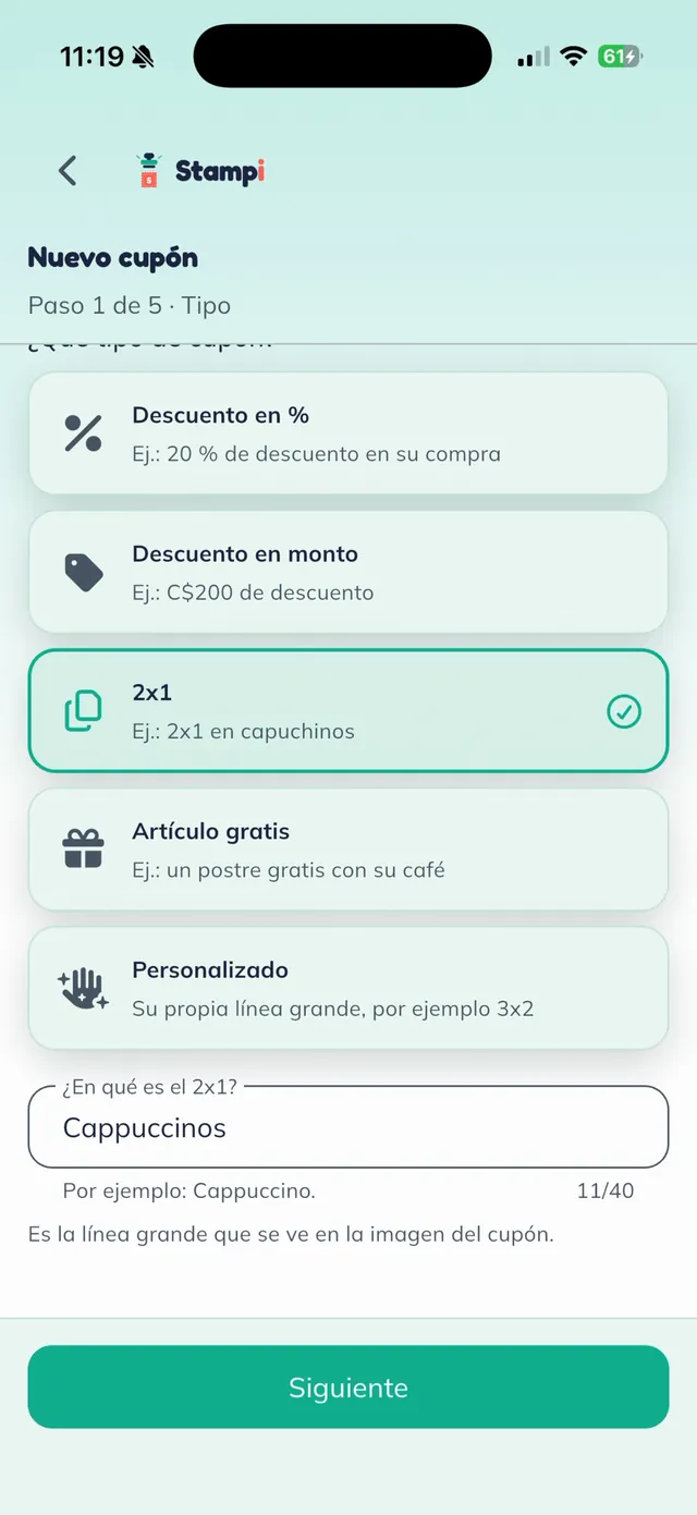Paso 1 de 5, Tipo: opciones de cupón con "2x1" seleccionado y el campo "¿En qué es el 2x1?" con la palabra Cappuccinos.