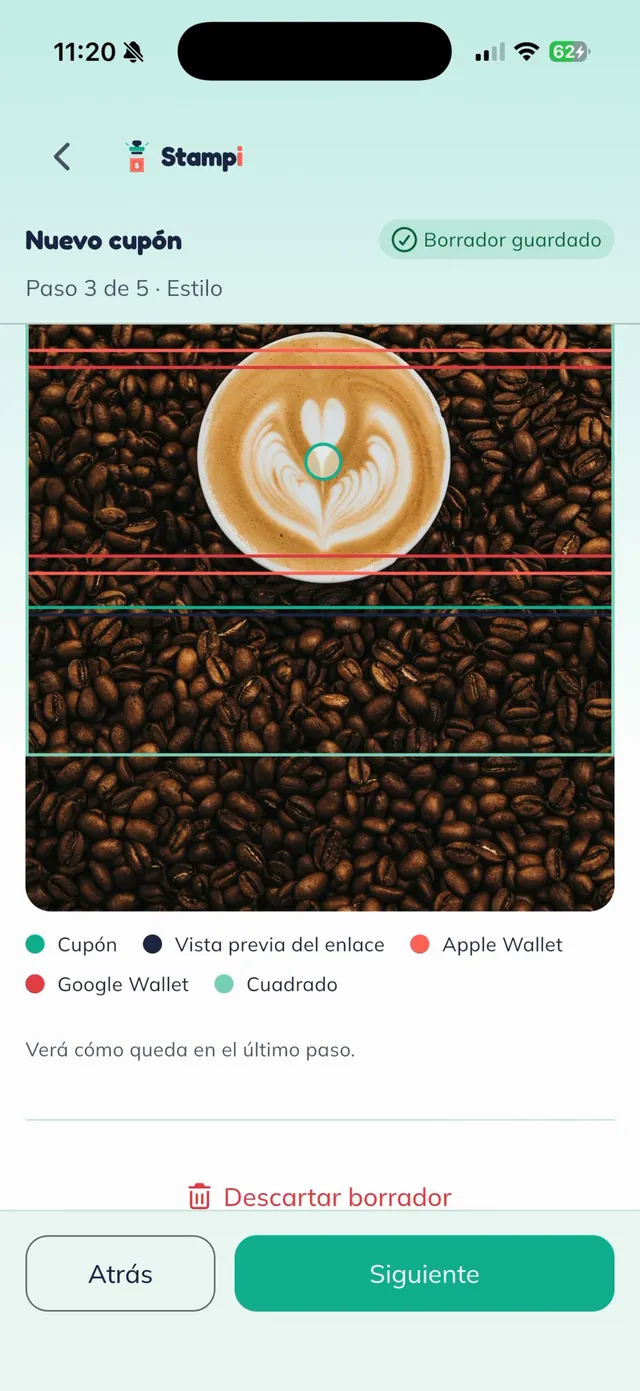 Paso 3 de 5, Estilo: foto de un cappuccino sobre granos de café con las guías de recorte para cada formato.