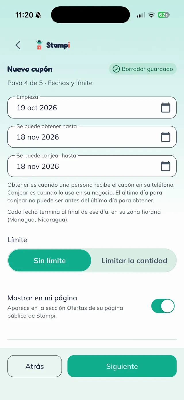 Paso 4 de 5, Fechas y límite: fecha de inicio 19 oct 2026 y fechas límite para obtener y canjear el 18 nov 2026.