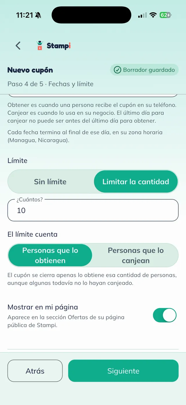 Opciones de límite: "Limitar la cantidad" con 10 cupones, el límite cuenta "Personas que lo obtienen" y el interruptor "Mostrar en mi página" activado.