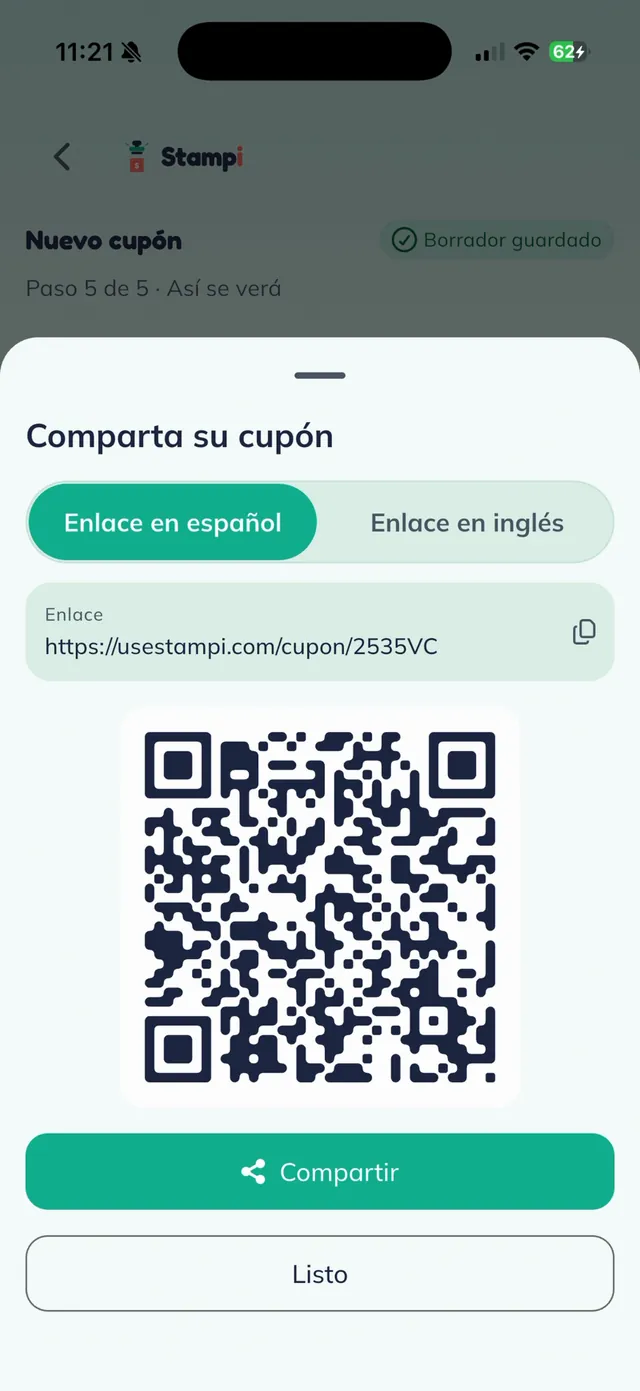 Hoja "Comparta su cupón" con el enlace del cupón, su código QR y los botones "Compartir" y "Listo".