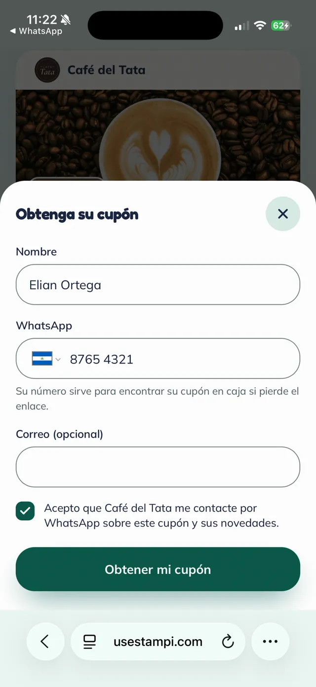 Formulario "Obtenga su cupón" con nombre, WhatsApp, correo opcional y la casilla de permiso marcada.