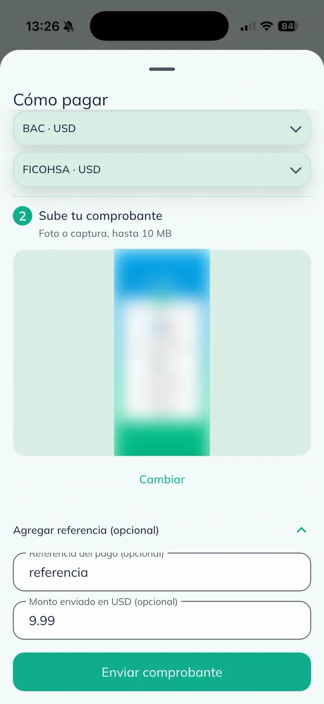 Campos opcionales "Referencia del pago" y "Monto enviado en USD" llenos, y el botón "Enviar comprobante".