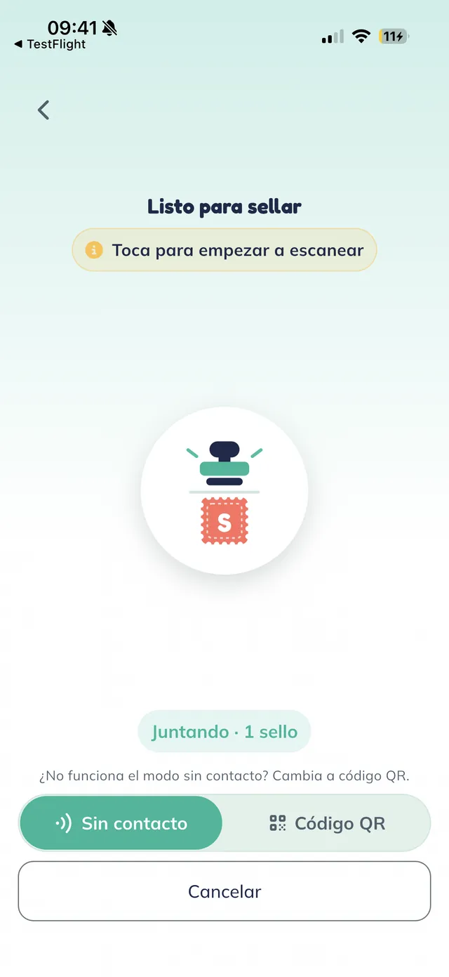 The "Listo para sellar" screen on iPhone with the hint "Toca para empezar a escanear", the sello icon in the center, the "Juntando · 1 sello" note, and a toggle between "Sin contacto" and "Código QR".